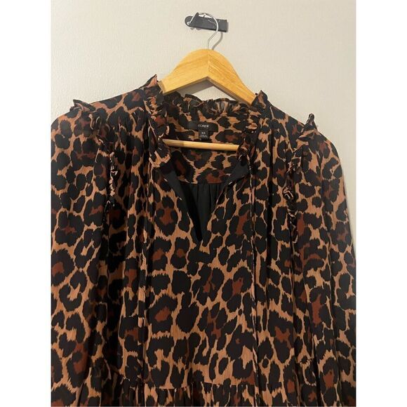 J Crew Women’s Size XS Tie Neck Tiered Dress Brown Leopard Print Long Sleeve - Picture 9 of 14